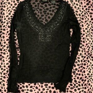 Vintage New York & Company Mesh Rhinestone Long Sleeve Blouse